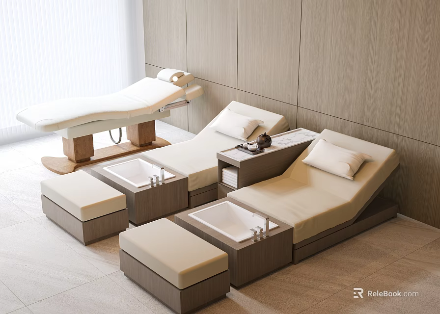 Luxury Massage Chair With Beige Cushions Wooden Base And Side Table For Relaxation 3d model 