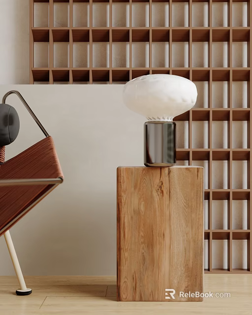 Modern Table Lamp With White Lampshade And Metal Base On Wooden Stand Near Bookshelf 3d model 