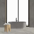 Concrete Bathtub in Modern Bathroom with Large Window and Mountain View Wooden Stool Holding Towel