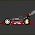 Red Go Kart Featuring Yellow Stripes Black Wheels Yellow Rims Exhaust Pipes And Storm Logo