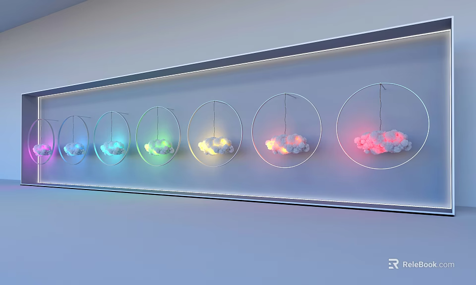 Colorful Hanging Art Installation With Circular Frames Cloud Shaped Elements And LED Lights On Wall 3d model