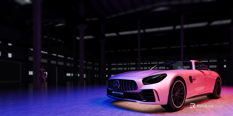 Pink Mercedes AMG GT Sports Car In Modern Indoor Showroom With Purple Blue Lighting 3d model 