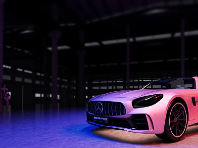 Pink Mercedes AMG GT Sports Car In Modern Indoor Showroom With Purple Blue Lighting 3d model