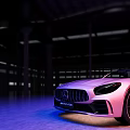 Pink Mercedes AMG GT Sports Car In Modern Indoor Showroom With Purple Blue Lighting