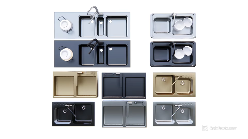 Stylish Modern Kitchen Sinks With Various Colors And Double Bowl Designs 3d model 