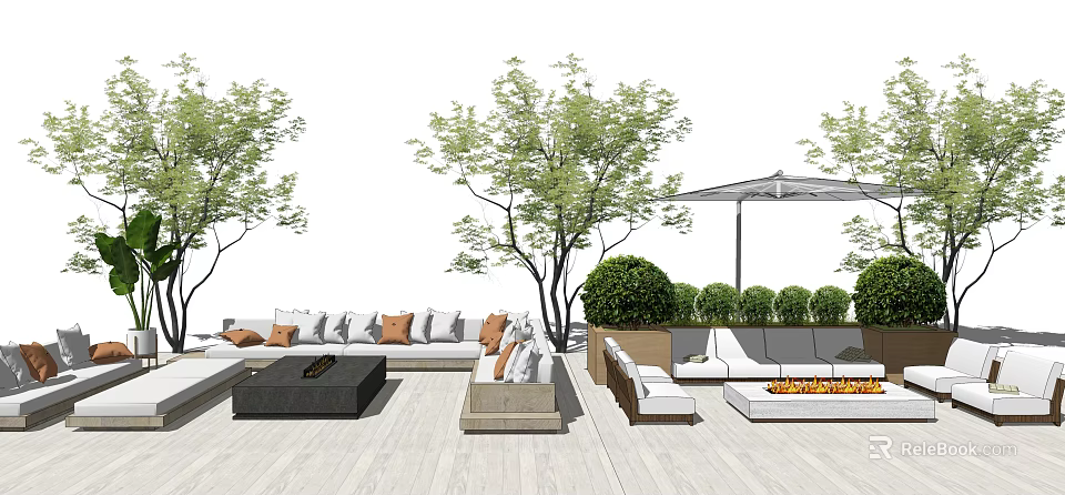 Outdoor Sofa Patio Setup With Trees Umbrella Fire Pit And Green Plants 3d model 
