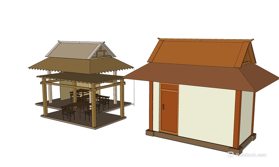 Traditional Wooden Buildings With Sloped Roofs Veranda Tables Chairs And Small House 3d model 