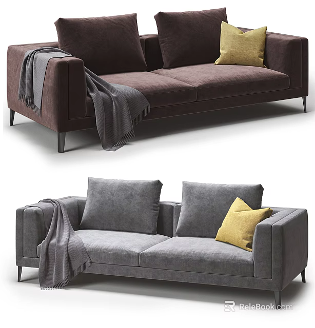 Dark Brown and Gray Double Sofa with Gray Blanket and Yellow Cushion 3d model