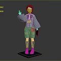 3D Animated Character With Blue Hair Green Outfit Orange Bag And Notebook On Black Base