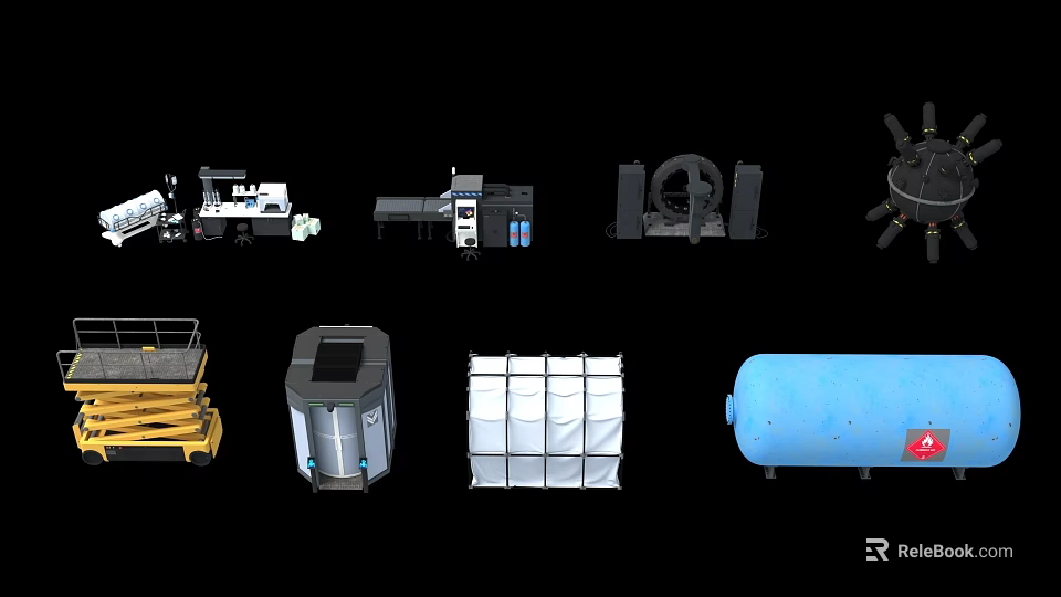 Various Types of Industrial Equipment Including Machinery Storage Tanks Structural Components And Lifting Tools 3d model 