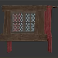 Wooden Window Style Decorative Cabinet With Lattice Design And Red Curtains