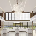 Modern Sales Office Interior Design With White Pendant Lights Marble Counter Green Plants Sofa Seating