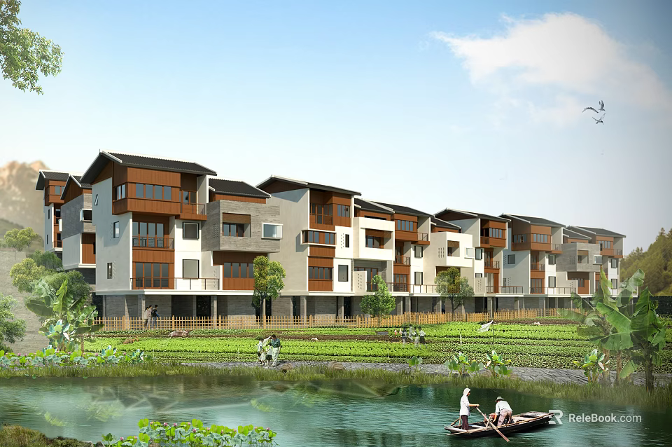 Modern Townhouse Community With Riverfront Farmland Green Trees And Boating Scene 3d model 