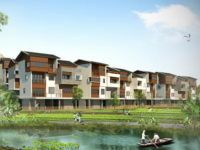 Modern Townhouse Community With Riverfront Farmland Green Trees And Boating Scene 3d model