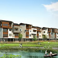 Modern Townhouse Community With Riverfront Farmland Green Trees And Boating Scene