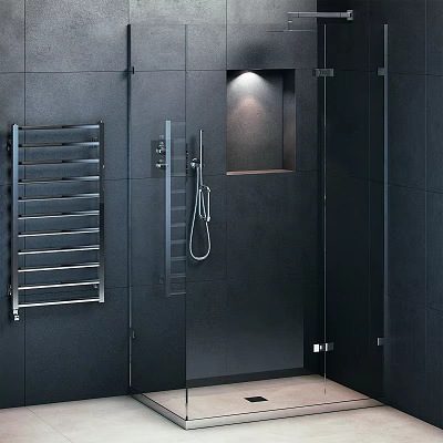 Modern Black Bathroom Shower Room with Glass Door Chrome Towel Rack and Wall Niche 3d model