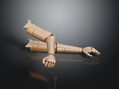 Golden Mechanical Robot Arm Design With Metallic Finish And Black Background Reflection 3d model