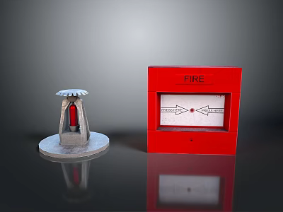 Red Fire Alarm Box And Silver Fire Hydrant Top On Reflective Surface 3d model