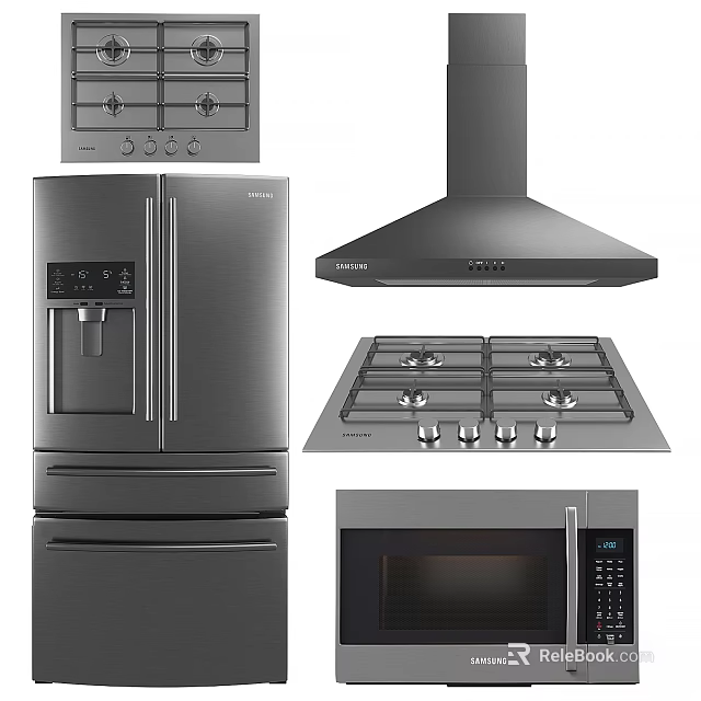 Modern Stainless Steel Kitchen Appliances Set With Refrigerator Range Hood Cooktop And Microwave 3d model 