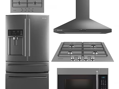 Modern Stainless Steel Kitchen Appliances Set With Refrigerator Range Hood Cooktop And Microwave 3d model