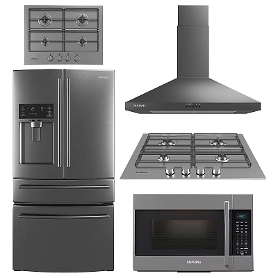 Modern Stainless Steel Kitchen Appliances Set With Refrigerator Range Hood Cooktop And Microwave 3d model