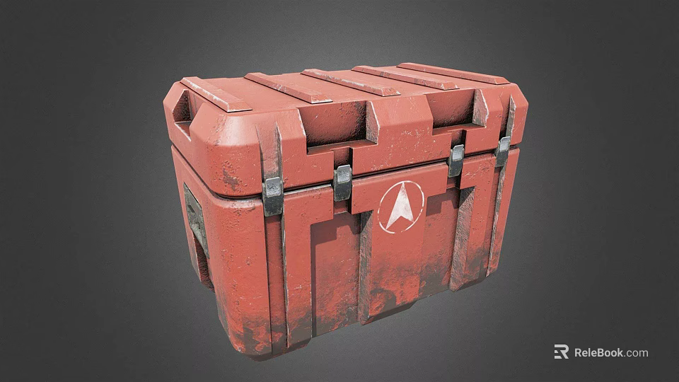 Sturdy Red Crate With Metal Clasps Worn Surface And White Logo 3d model 