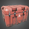Sturdy Red Crate With Metal Clasps Worn Surface And White Logo