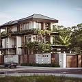 Modern Two Story Townhouse Exterior With Balconies Greenery Surrounding Trees And Stone Fence