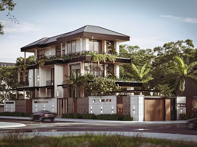 Modern Two Story Townhouse Exterior With Balconies Greenery Surrounding Trees And Stone Fence 3d model