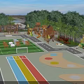 Colorful School Outdoor Playground With Slide Soccer Goal Lawn And Trees