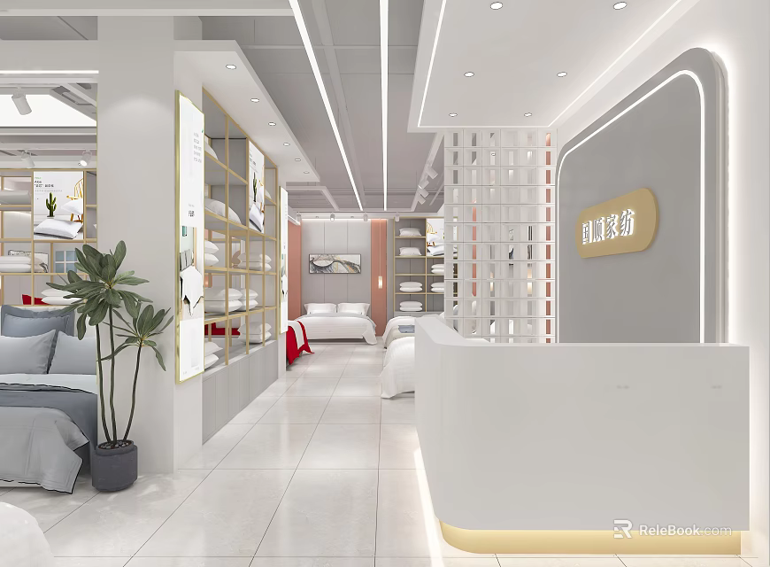 Modern Shopping Mall Store With White Reception Desk Display Shelves Bedding And Green Plants Interior 3d model 