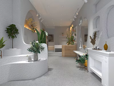 Modern Boutique Interior Design With White Textured Walls Arched Niches And Green Plants 3d model
