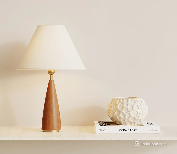 Wooden Conical Table Lamp With Golden Rod And White Lampshade Near Textured Vase On Books 3d model 