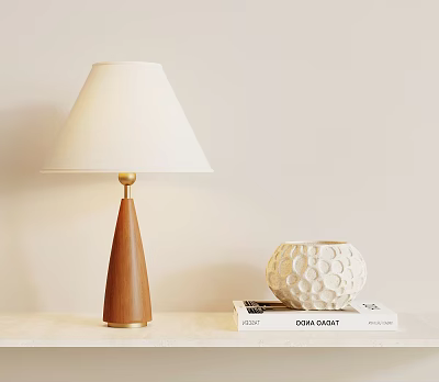 Wooden Conical Table Lamp With Golden Rod And White Lampshade Near Textured Vase On Books 3d model