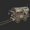 Wooden Wagon Featuring Arched Roof Lattice Windows Hanging Lanterns Cross Decoration and Spoke Wheels