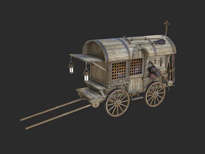 Wooden Wagon Featuring Arched Roof Lattice Windows Hanging Lanterns Cross Decoration and Spoke Wheels 3d model