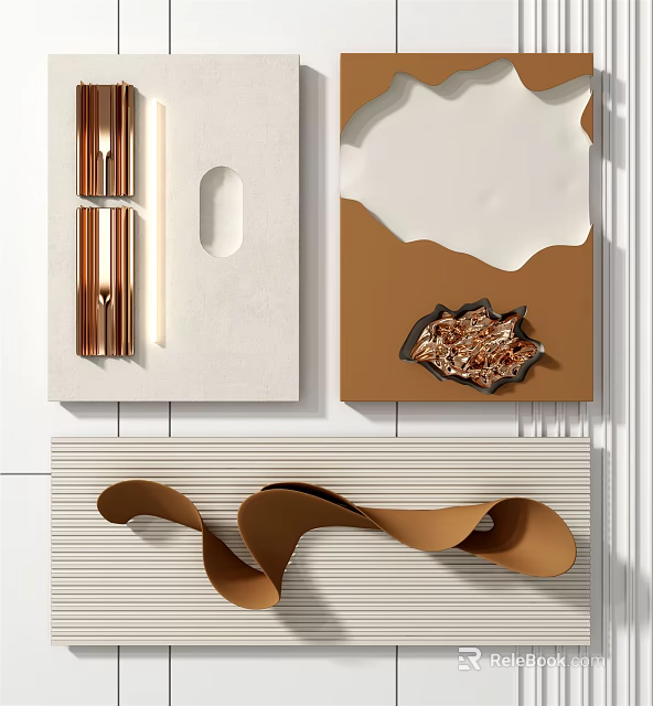 Modern Wall Decor With Brown White Textured Patterns And Curved Metal Elements 3d model 