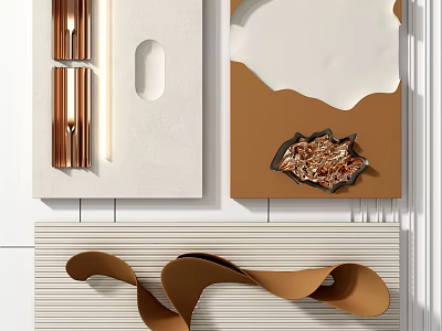 Modern Wall Decor With Brown White Textured Patterns And Curved Metal Elements 3d model