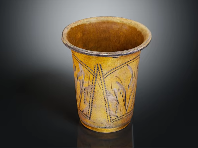 Yellow Clay Ceramic Vase With Black Geometric Patterns And Decorative Lines 3d model