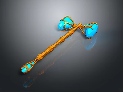 Mythical Golden Hammer With Blue Glowing Gemstones And Intricate Design 3d model