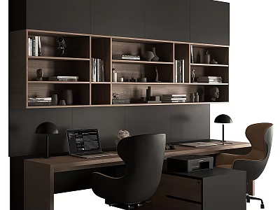 Modern Wooden Desk And Chair Set With Shelves Books Decor And Table Lamps 3d model