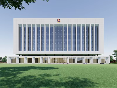 Modern Office Building With White Exterior Glass Windows Top Emblem Green Lawn And Trees 3d model