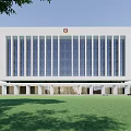 Modern Office Building With White Exterior Glass Windows Top Emblem Green Lawn And Trees