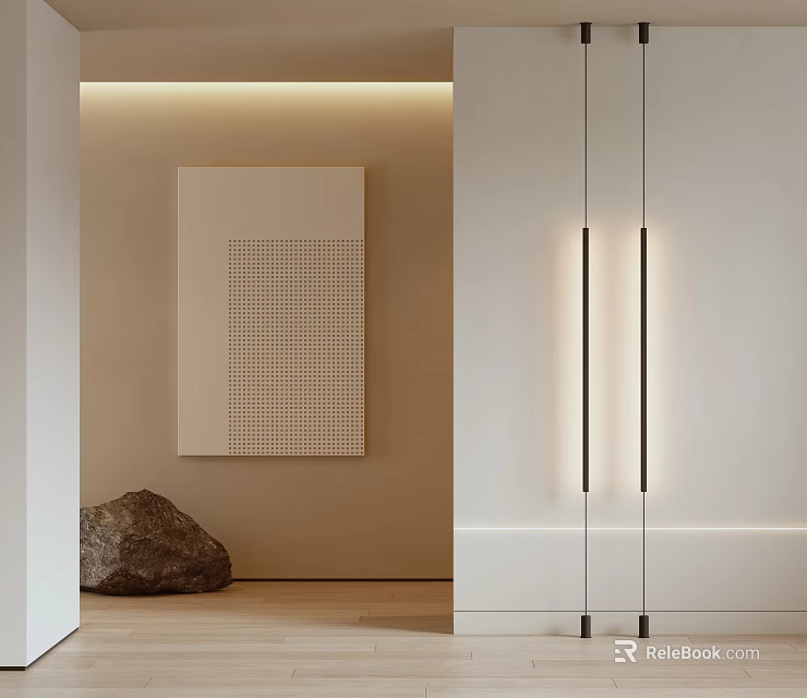 Minimalist Modern Interior With Grid Artwork Natural Stone And White Cabinets 3d model 