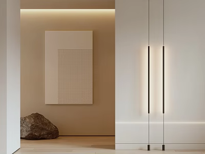 Minimalist Modern Interior With Grid Artwork Natural Stone And White Cabinets 3d model