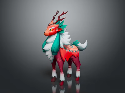 Vibrant Deer Shaped Game Movie Character With Red Green Fur White Mane And Antlers 3d model