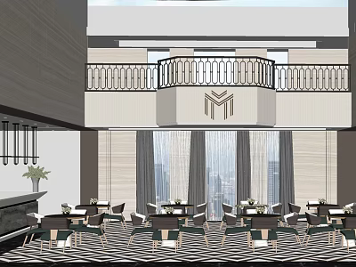Elegant Lounge Area With Balcony Railing Tables Chairs Piano And City View 3d model