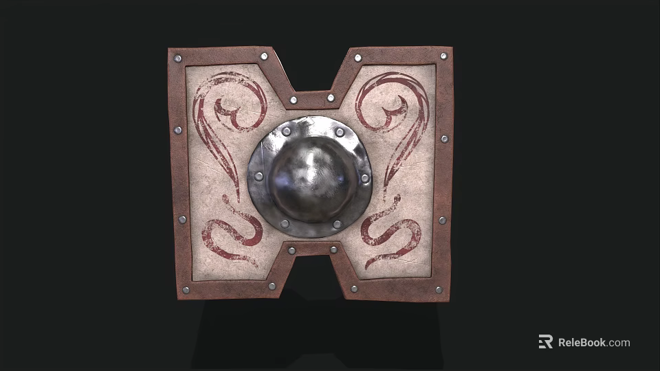 Medieval Shield With Metal Dome Brown Frame And Red Decorative Patterns 3d model 