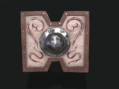 Medieval Shield With Metal Dome Brown Frame And Red Decorative Patterns 3d model