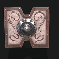 Medieval Shield With Metal Dome Brown Frame And Red Decorative Patterns